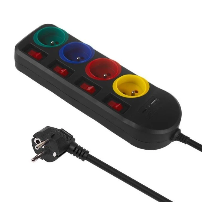 Listwa zasilająca Maclean, przedłużacz 4 gniazda + USB A / C, z włącznikami, 250VAC/10A, 1.5m, czarna, MCE508 B - obrazek 1