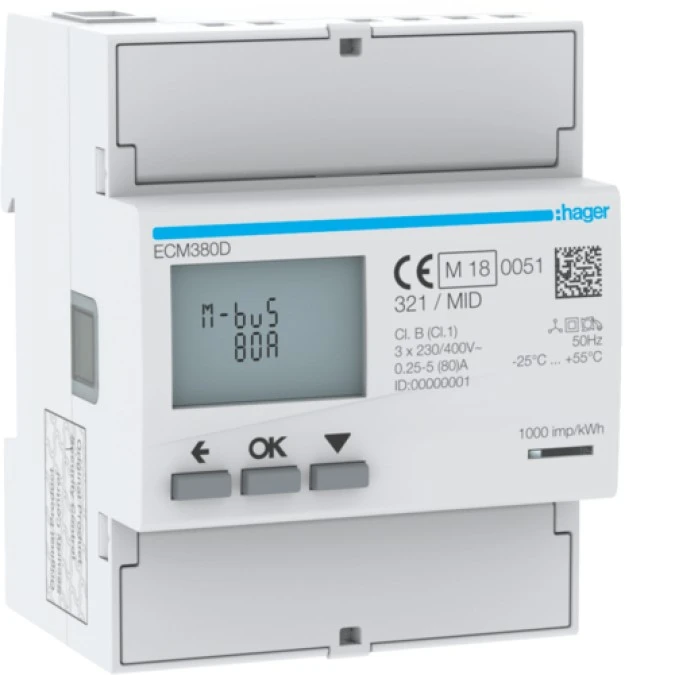 Licznik energii elektrycznej 3‑fazowy, 80A 4M, M‑bus, MID ECM380D - obrazek 1
