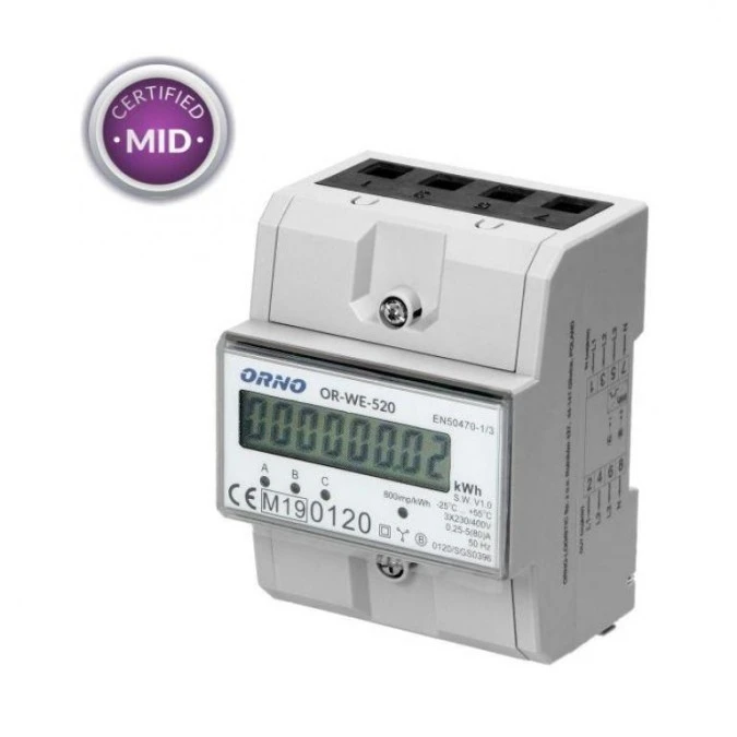 Licznik energii elektrycznej 3‑fazowy 80A MID 230V z podświetlonym wyświetlaczem LCD OR‑WE‑520 - obrazek 1
