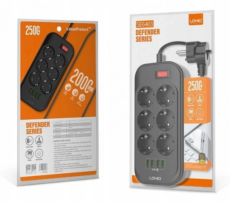 Listwa zasilająca LDNIO SE6403 6 Gniazd + 4x USB Przedłużacz - obrazek 3