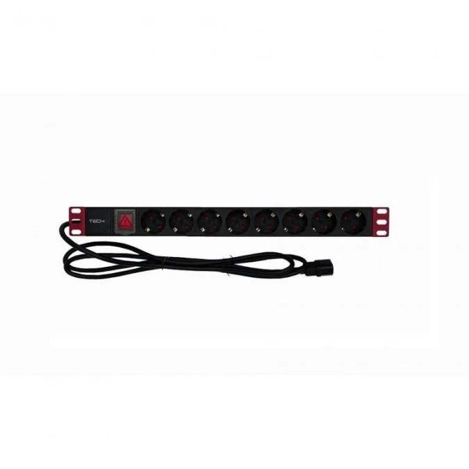 Listwa zasilająca Rack 1U 8x Schuko, włącznik, kabel C14 2m - obrazek 1