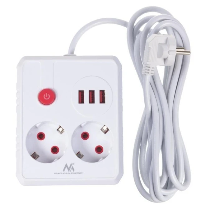 Listwa zasilająca Maclean, przedłużacz 2 gniazda + 3xUSB, 110‑240V AC 50/60Hz, 2.1A max 2500W, 3 m, biała, MCE388 W - obrazek 2