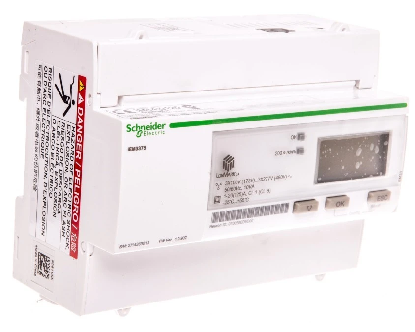 Licznik energii elektrycznej 1/3‑fazowy 125A 100‑277/173‑480V kl.1/B LON MID taryfowy cyfrowy modułowy A9MEM3375 - obrazek 1