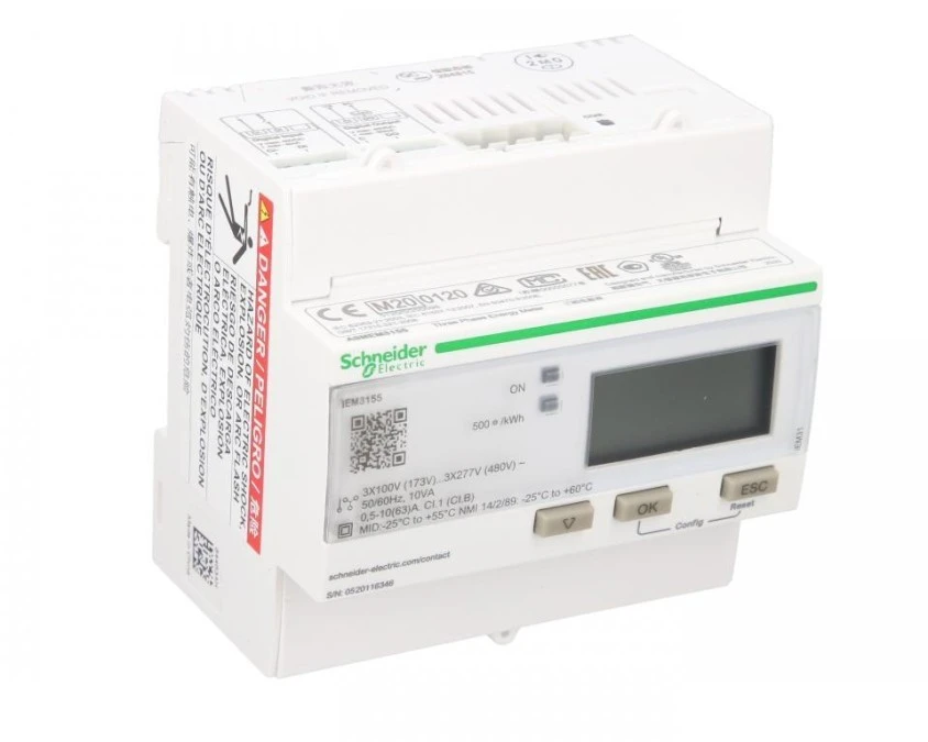 Licznik energii elektrycznej 1/3‑fazowy 63A 100‑277/173‑480V kl.1/B Modbus MID taryfowy cyfrowy modułowy iEM3155 A9MEM3155 - obrazek 3