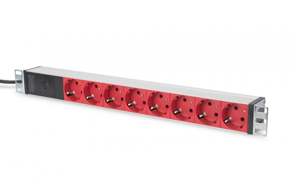 Listwa zasilająca PDU 19 Rack 8x czerwone gniazdo schuko 2m 1x wtyk C14 10A aluminiowa DN‑95410‑R - obrazek 1