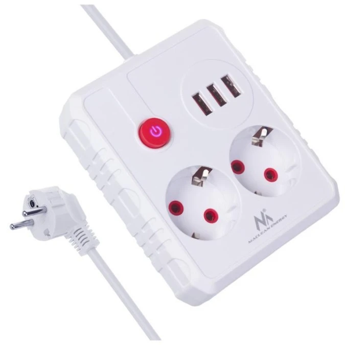 Listwa zasilająca Maclean, przedłużacz 2 gniazda + 3xUSB, 110‑240V AC 50/60Hz, 2.1A max 2500W, 1.5m, biała, MCE387 W - obrazek 1