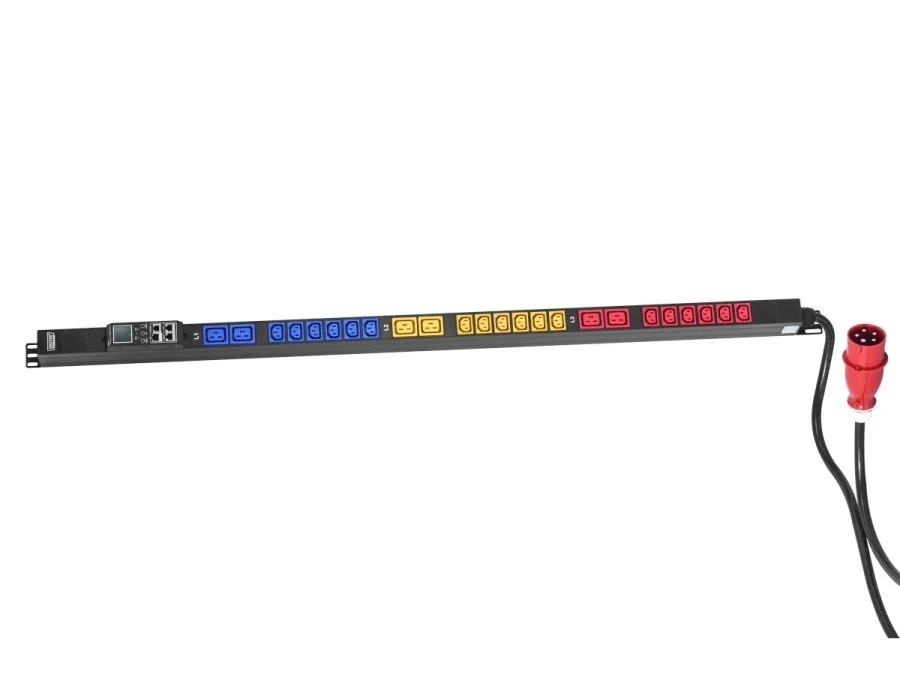 Listwa monitorująca wtyk zasilający IEC 60309 32A 400V gniazda 18xC13 10A 250V 6xC19 16A 250V 32A DN‑IP‑V‑5‑18C13‑6C19