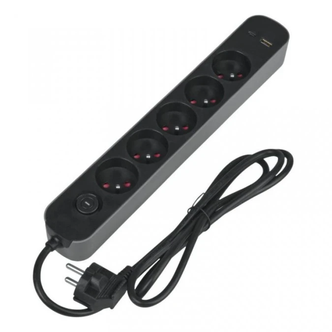 Listwa ochronna DPM z wyłącznikiem ‑ 5 gniazda AC, 1x USB‑A, 1x USB‑C 1,5M szara
