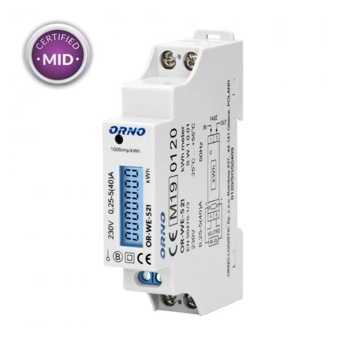 Licznik energii elektrycznej 1‑fazowy 40A MID wyjście impulsowe podświetlenie 1 moduł DIN TH‑35mm OR‑WE‑521 - obrazek 1