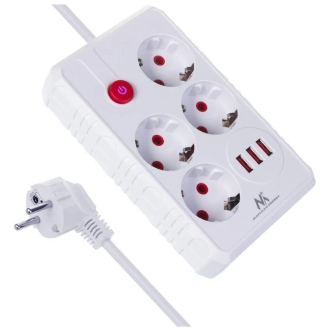 Listwa zasilająca Maclean, przedłużacz 4 gniazda + 3xUSB, 110‑240V AC 50/60Hz, 2.1A max 2500W, 1,5m, biała,MCE392 W - obrazek 1