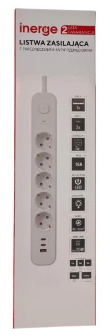 Listwa zasilająca INERGE 5‑gniazdowa 2m PSS‑0531PD‑02‑W - obrazek 2