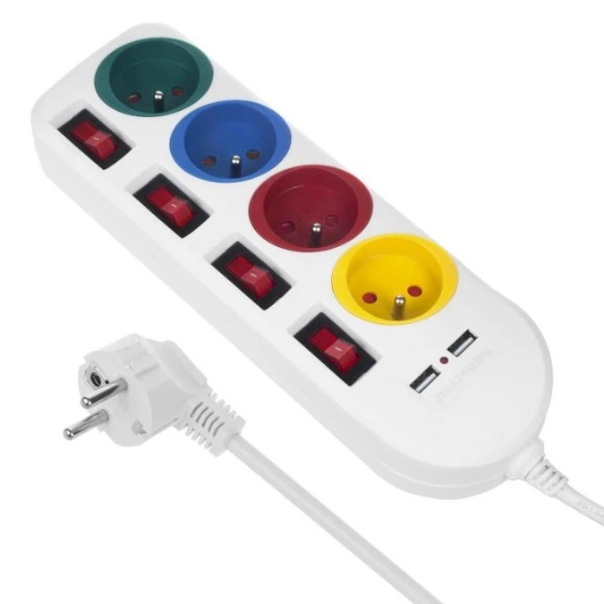 Listwa zasilająca Maclean, przedłużacz 4 gniazda + 2xUSB, z włącznikami, 250VAC/10A, 2.1A 5V, 1.5m, biała, MCE229 W - obrazek 1
