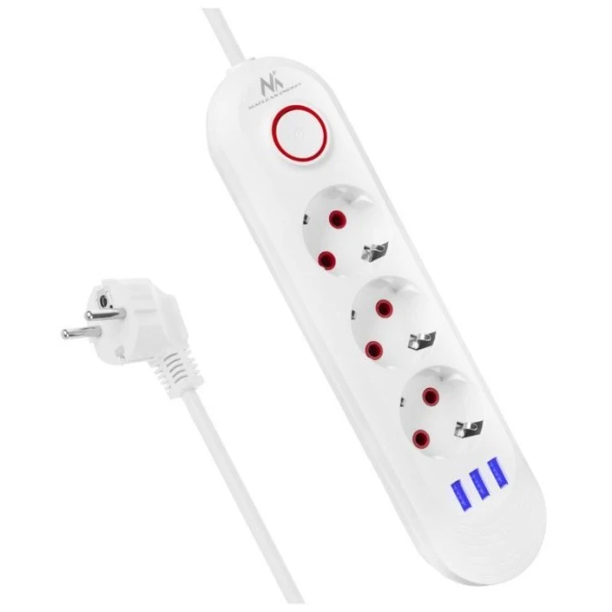 Listwa zasilająca Maclean, przedłużacz 3gniazda + 3xUSB, 110‑240V AC 50/60Hz, 2.1A max 2500W, 1,5m, biała ,MCE394 W - obrazek 1