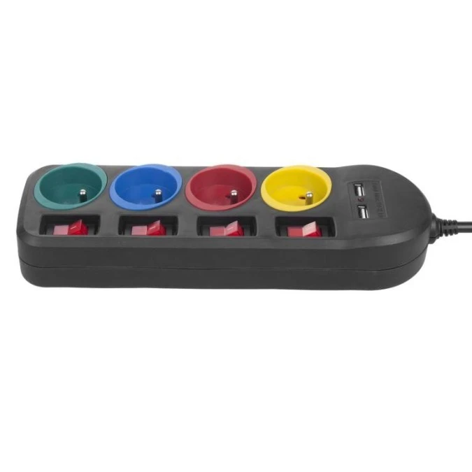 Listwa zasilająca Maclean, przedłużacz 4 gniazda + 2xUSB, z włącznikami, 250VAC/10A, 2.1A 5V, 1.5m, czarna, MCE229 B - obrazek 3