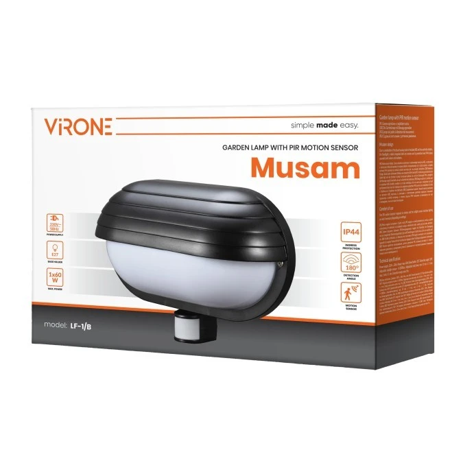 MUSAM, oprawa ogrodowa z czujnikiem ruchu 180, 1x60W, E27, IP44, z przesłoną, plastik, czarna,LF‑1/B - obrazek 2