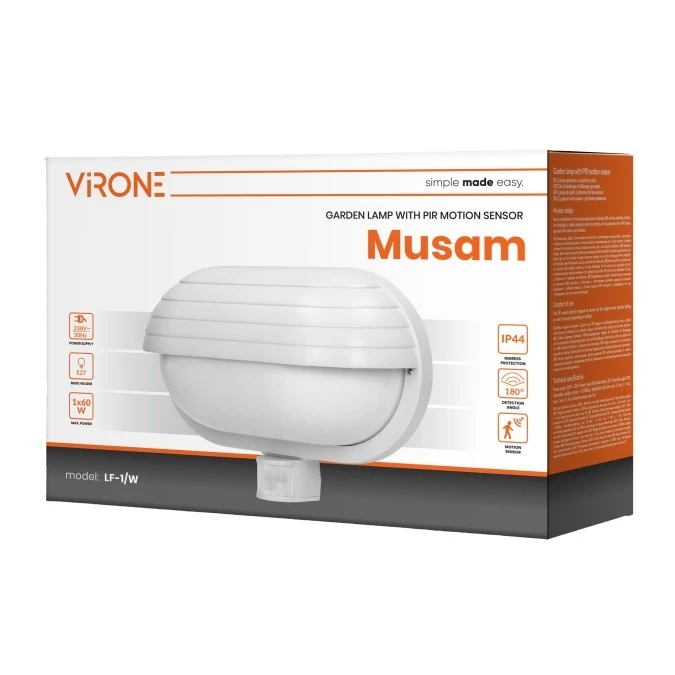 MUSAM, oprawa ogrodowa z czujnikiem ruchu 180st, 1x60W, E27, IP44, z przesłoną, plastik, biała Symbol: LF‑1/W EAN: 590825,LF‑1/W - obrazek 2