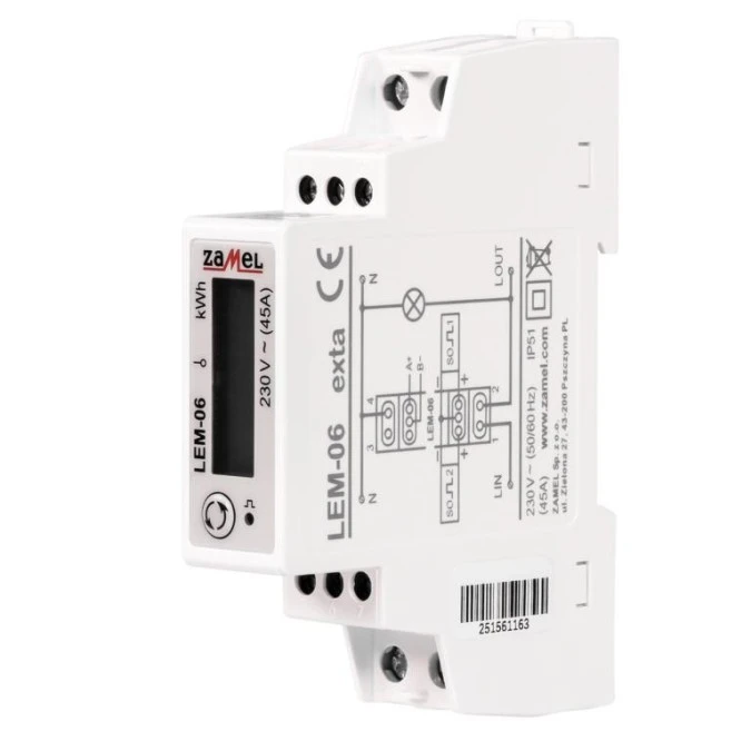 Licznik energii elektrycznej 1‑fazowy MODBUS pomiar bezpośredni do 45A LEM‑06 - obrazek 2