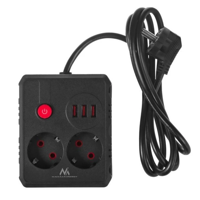 Listwa zasilająca Maclean, przedłużacz 2 gniazda + 3xUSB, 110‑240V AC 50/60Hz, 2.1A max 2500W, 1.5m, czarna, MCE387 B - obrazek 2