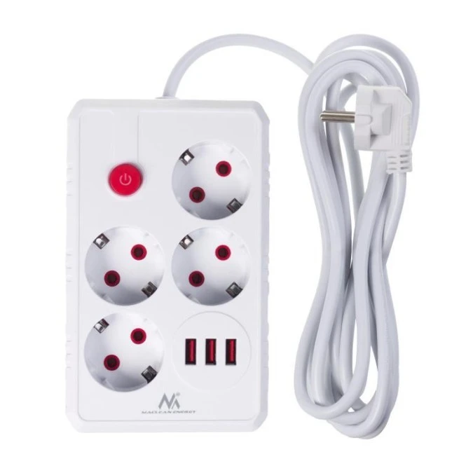 Listwa zasilająca Maclean, przedłużacz 4 gniazda + 3xUSB, 110‑240V AC 50/60Hz, 2.1A max 2500W, 3m, biała,MCE393 W - obrazek 2