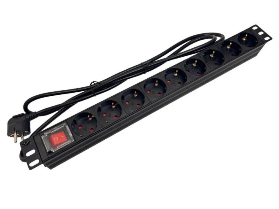 Listwa zasilająca rack 19 cali PDU gniazdo 9 x CEE 7/3 schuko wtyk CEE 7/7 z wyłącznikiem - obrazek 1