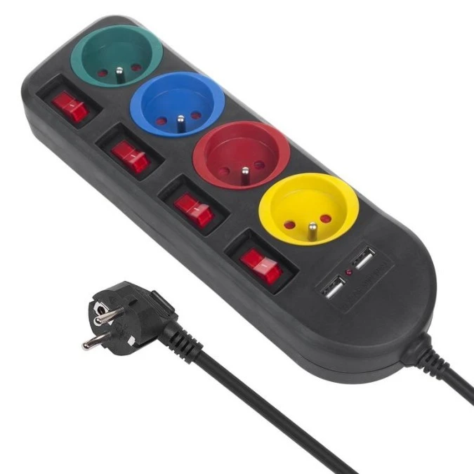 Listwa zasilająca Maclean, przedłużacz 4 gniazda + 2xUSB, z włącznikami, 250VAC/10A, 2.1A 5V, 1.5m, czarna, MCE229 B - obrazek 1