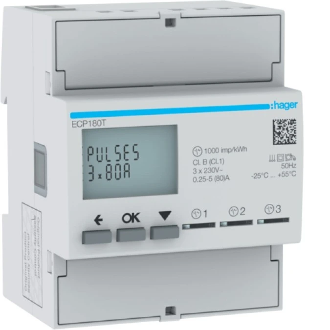 Licznik energii elektrycznej 1‑fazowy, 3x80A 4M, wyjście imp. agardio.measure ECP180T - obrazek 1
