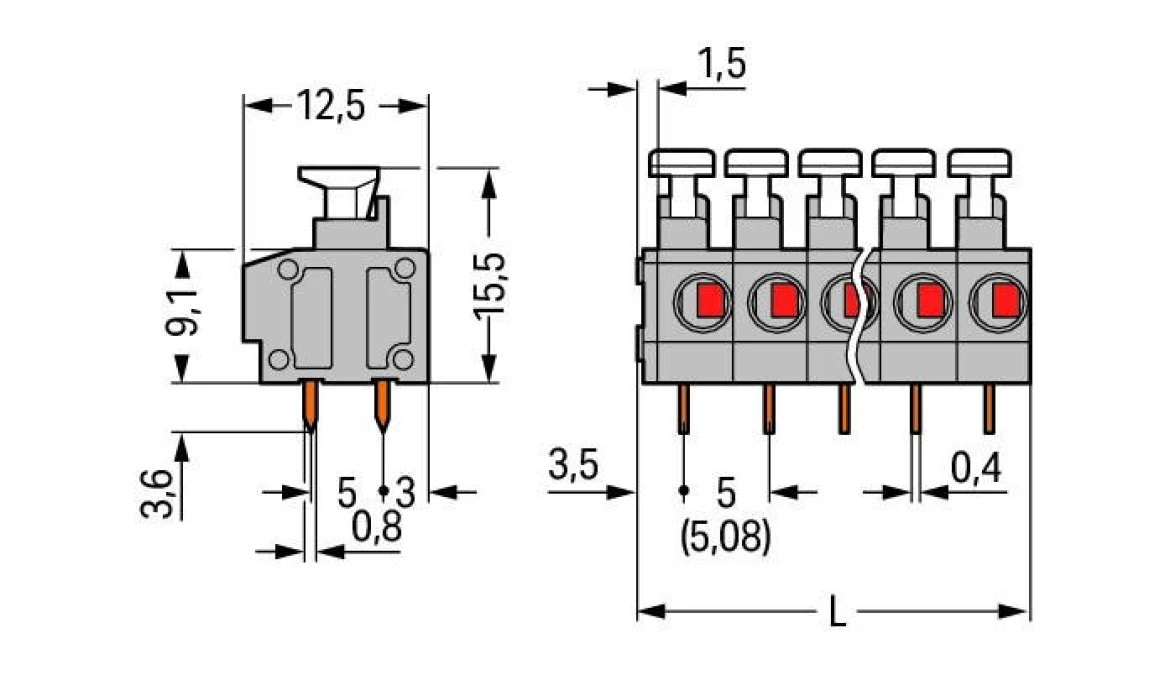 Listwa zaciskowa do płytek drukowanych 2‑biegunowa szara raster 5/5,08mm 235‑402/332‑000 /105szt./ - obrazek 2