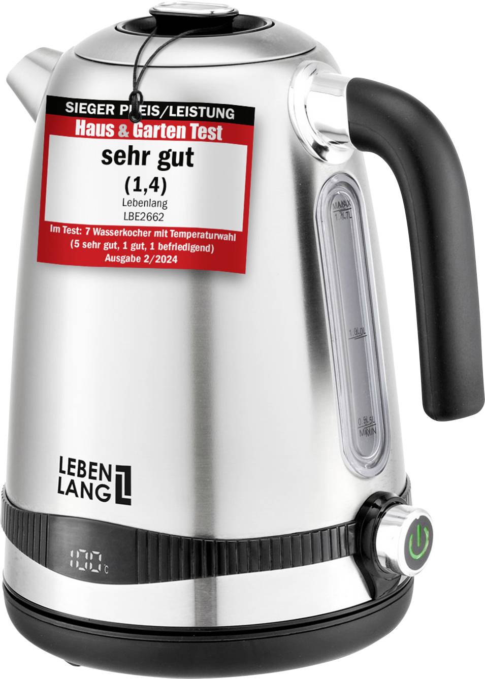 Lebenlang LBE2662 Czajnik nie zawiera BPA, z wyświetlaczem stali szlachetnej Pojemność: 1.7 l - obrazek 1