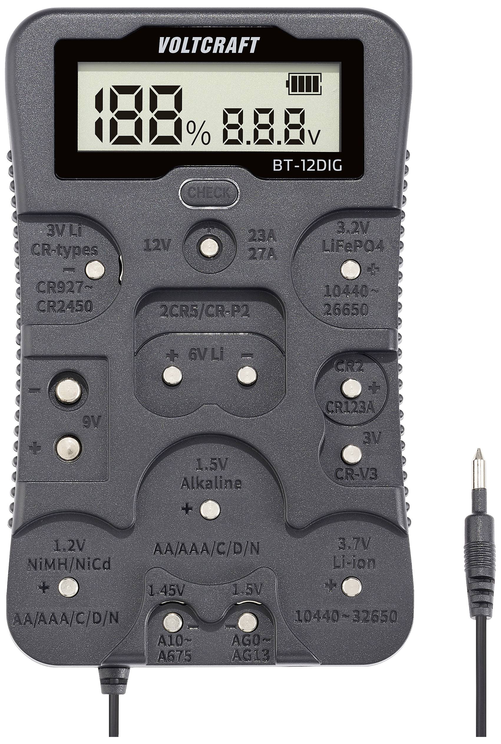 Tester baterii VOLTCRAFT BT-12DIG 1,2 V, 1,5 V, 3 V, 3,7 V, 6 V, 9 V, 12 V - obrazek 1