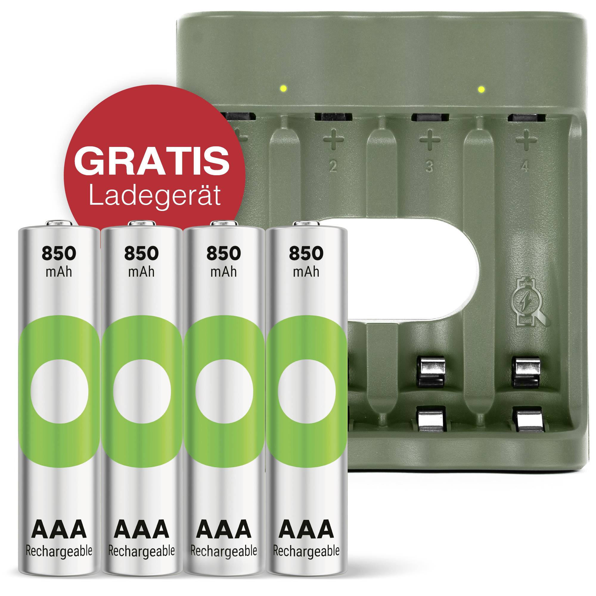 Akumulator AAA/R03 GP "Aktion Gratis Ladegerät" USB-Modell Ladegerät GP B441 inkl. 4x AAA-Akku, NiMH, 850 mAh, 1.2 V, 1 - obrazek 1