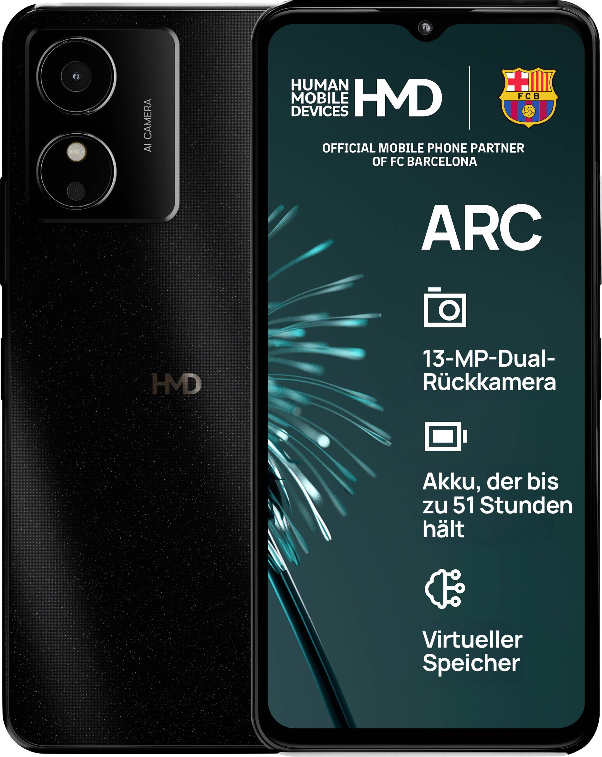 HMD Arc Smartfon Gniazdo hybrydowe 64 GB 16.6 cm (6.52 cal) 13 MPx Android™ 14 (Go Edition) czarny - obrazek 1