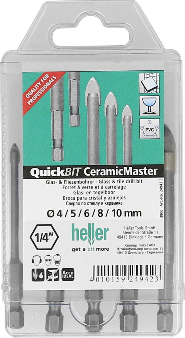 Zestaw wierteł do szkła i ceramiki Heller QuickBit® CeramicMaster 24942, Średnica odwiertu: 4 mm, 5 mm, 6 mm, 8 mm, 10 m