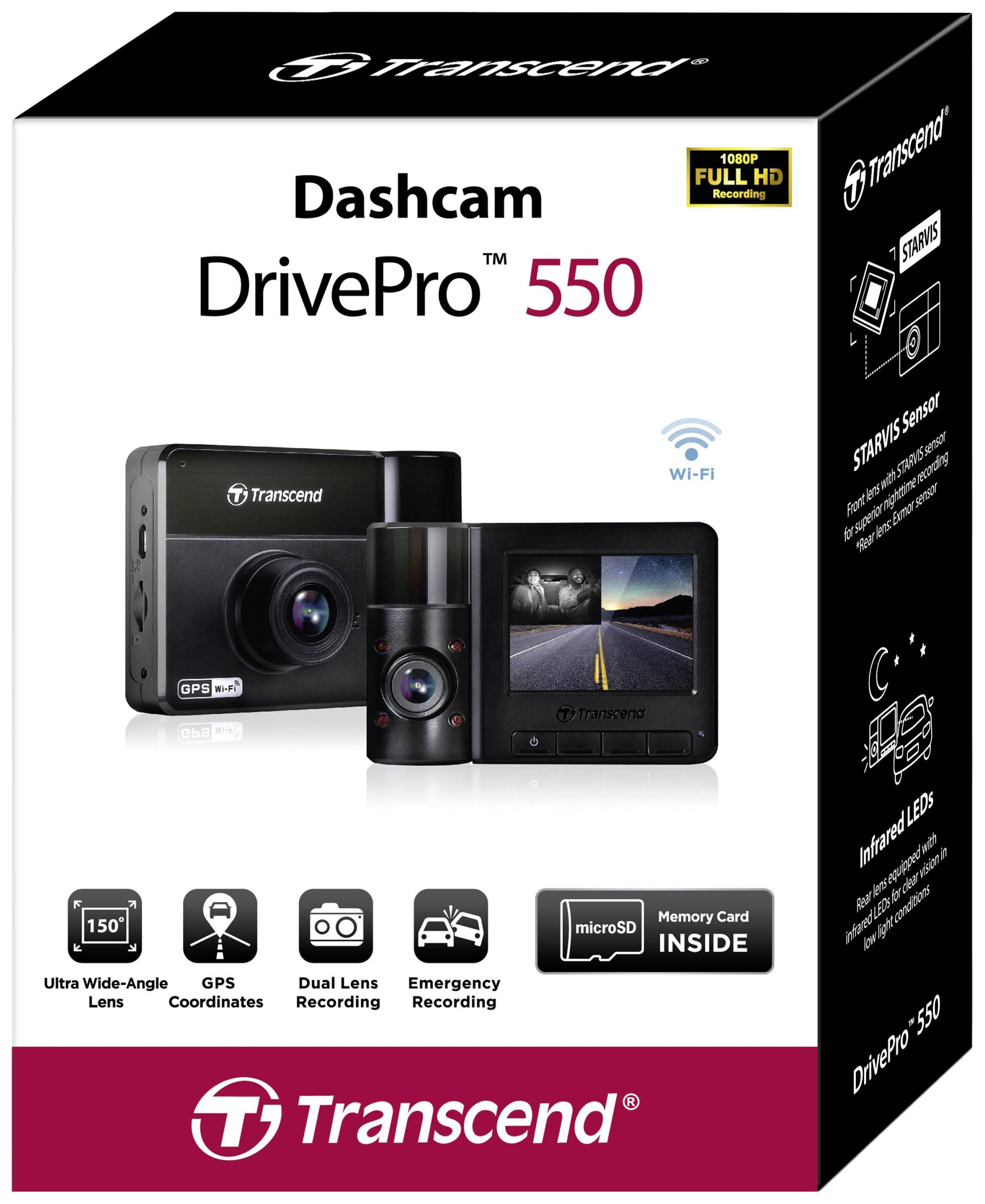 Transcend DrivePro 550B Kamera samochodowa z GPS Kąt widzenia w poziomie=150 ° 12 V, 24 V WLAN, akumulator, kamera wewnę - obrazek 1