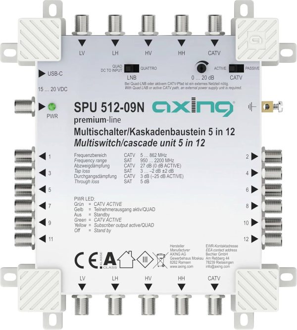 Axing SPU51209N Multiprzełącznik SAT Wejścia (multi-switch): 5 (4 sat/ 1 naziemne) Ilość uczestników: 12