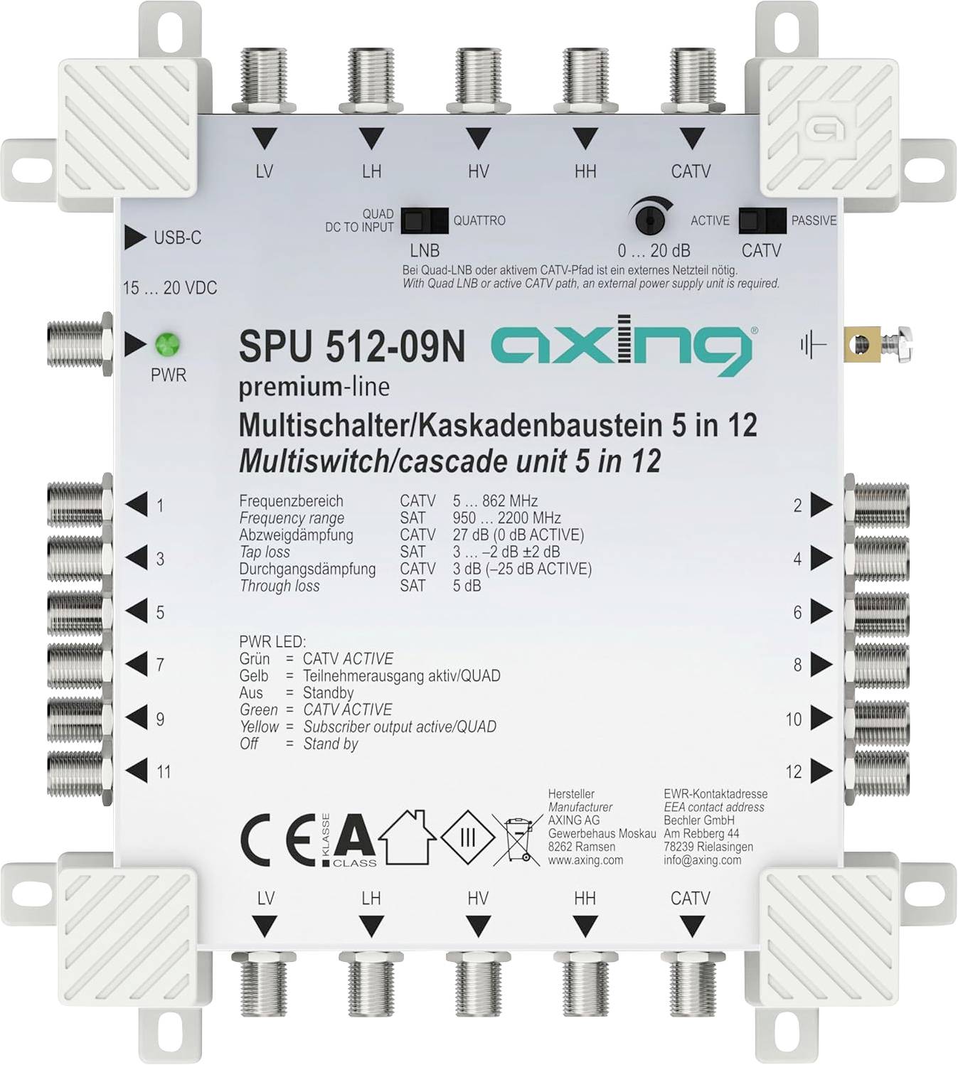 Axing SPU51209N Multiprzełącznik SAT Wejścia (multi-switch): 5 (4 sat/ 1 naziemne) Ilość uczestników: 12 - obrazek 1