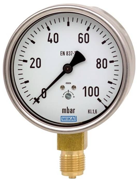 WIKA 9850600 Manometr sprężynowy kapsułkowy Cu-Leg Robust Cl 1.6 612.20.100 -40 mbar…0 mbar G1/2B dół Przyłącze G 1/2