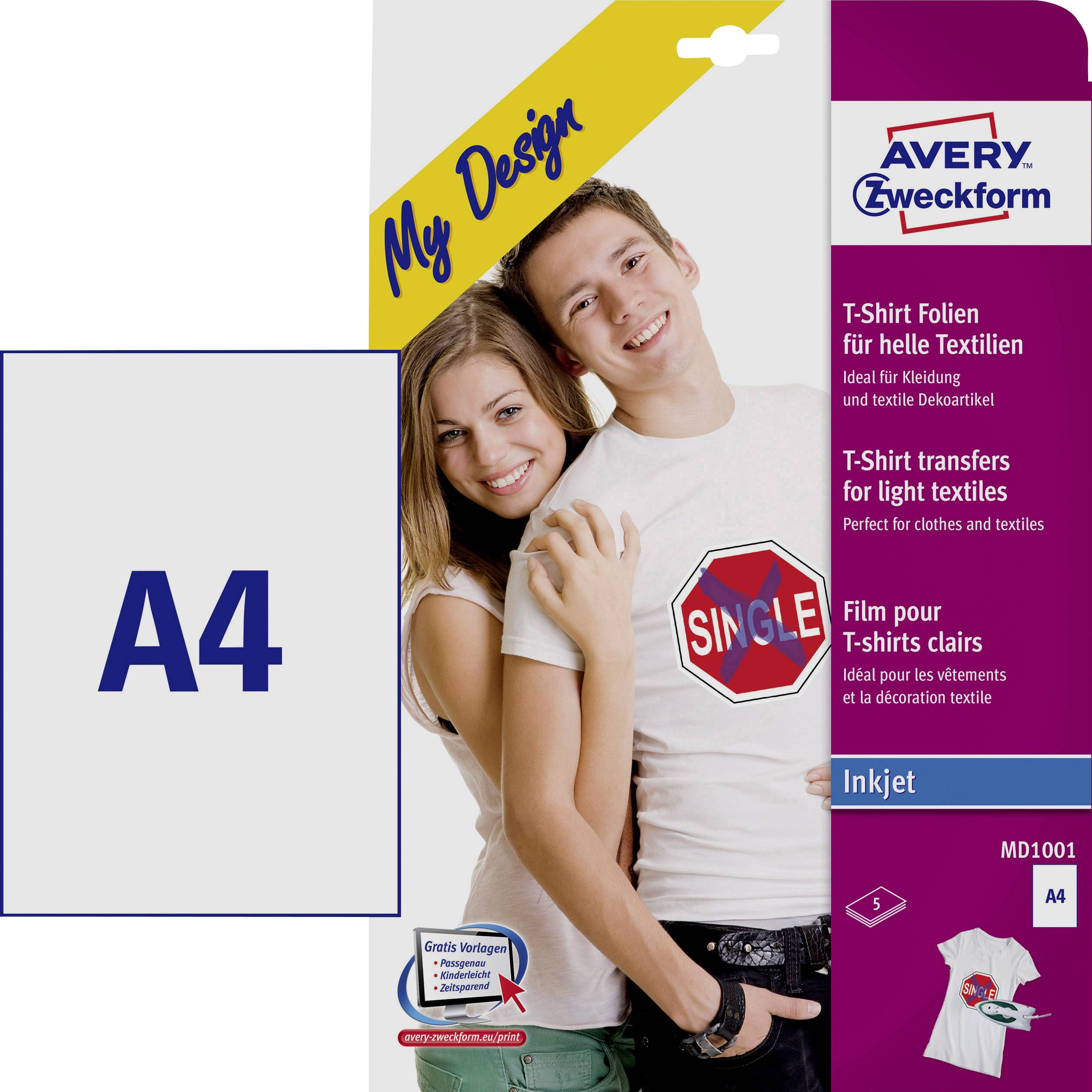 Avery-Zweckform My Design T-Shirt MD1001 Folia do drukarek atramentowych, do tekstu DIN A4 do tkanin jasnych, Zoptymaliz - obrazek 1