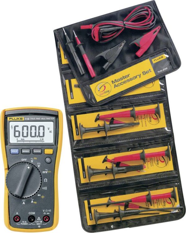 Multimetr z przewodami i sondami Fluke FLK115/TLK-225-1, CAT III 600 V, 0.1 mV – 600 V, 0.001 – 10 A, 16 szt.