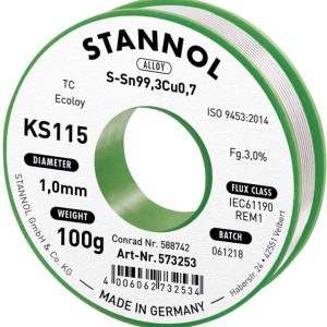 Cyna lutownicza bezołowiowa Stannol KS115 szpula Sn99,3Cu0,7 ROM1 100 g 1 mm Cyna lutownicza bezołowiowa Stannol KS115 szpula Sn99,3Cu0,7 ROM1 100 g 1 mm
