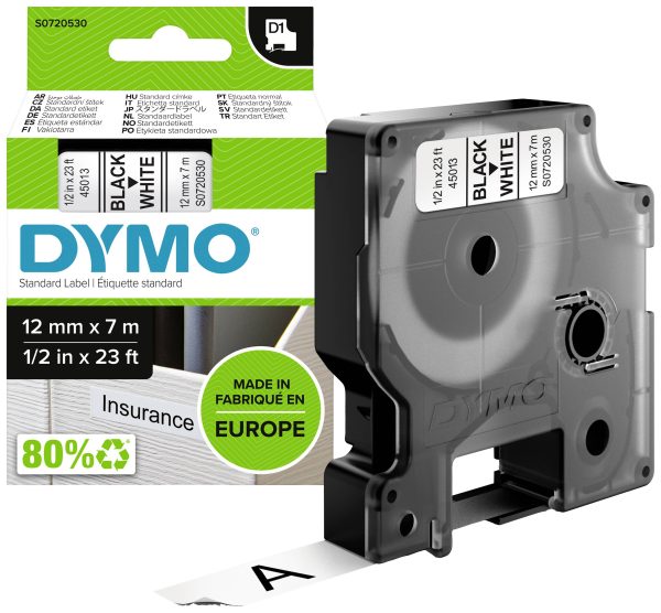 Taśma do nadruku D1 DYMO S0720530, 12 mm x 7 m, Kolor taśmy: biały / Kolor nadruku: czarny Taśma do nadruku D1 DYMO S0720530, 12 mm x 7 m, Kolor taśmy: biały / Kolor nadruku: czarny