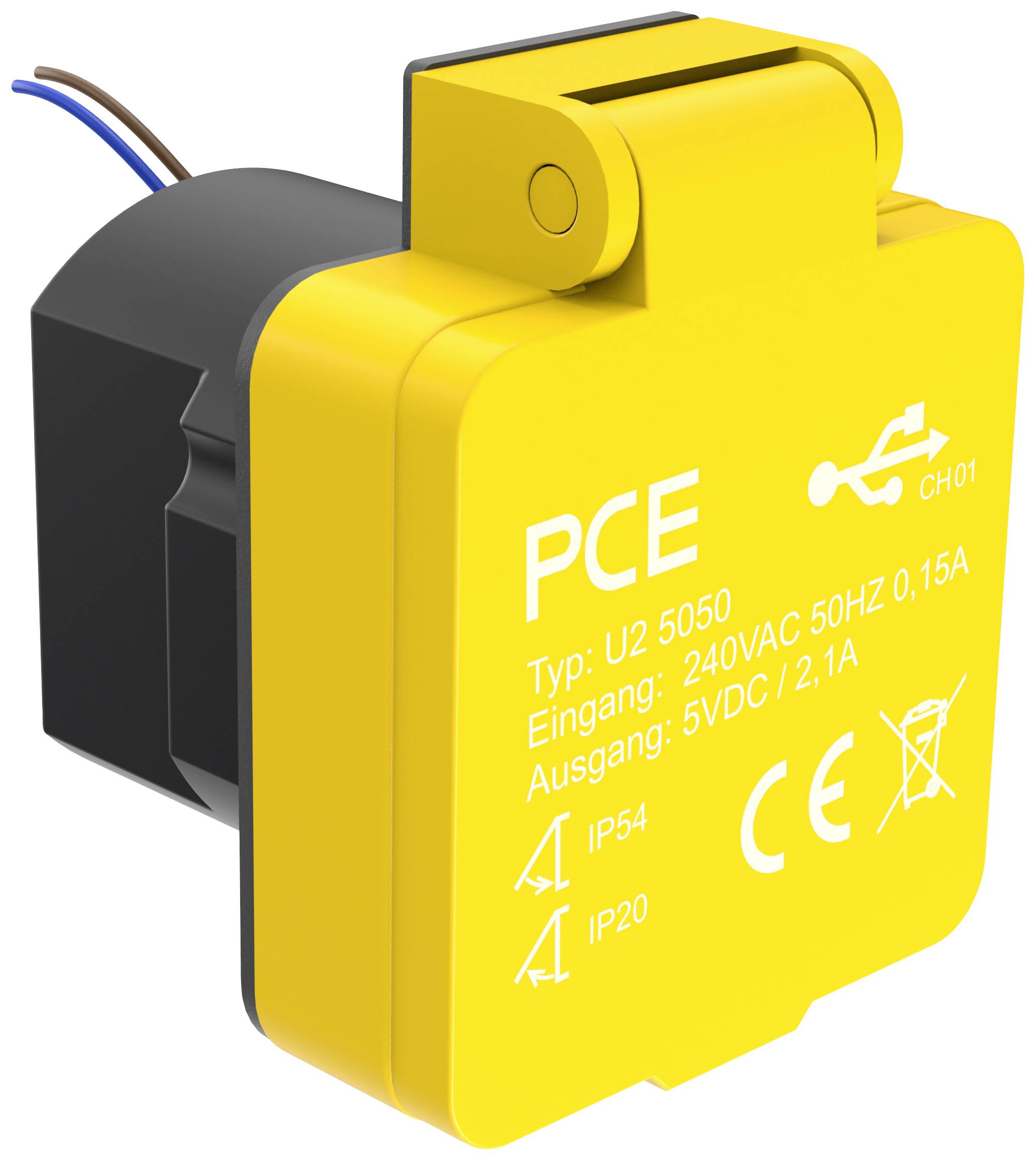 PCE U25050 Gniazdo natynkowe z wyjściem ładowania USB IP54 żółty - obrazek 1