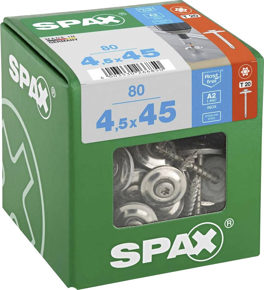 SPAX 4577000450456 Śruba blacharska 4.5 mm 45 mm T-STAR plus stal nierdzewna A2 80 szt. - obrazek 1