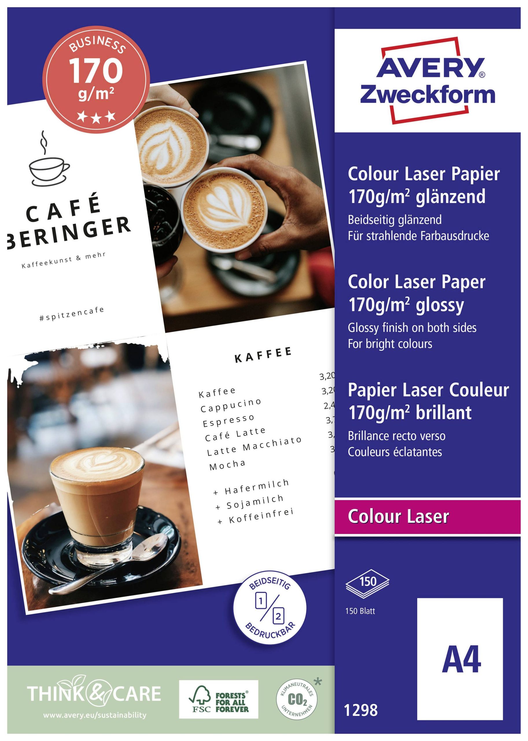 Avery-Zweckform Business Colour Laser Paper 1298 Papier do drukarek laserowych DIN A4 170 g/m² 150 ark. biały - obrazek 1