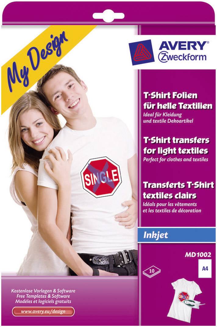 Avery-Zweckform My Design T-Shirt MD1002 Folia do drukarek atramentowych, do tekstu DIN A4 do tkanin jasnych, Zoptymaliz - obrazek 1