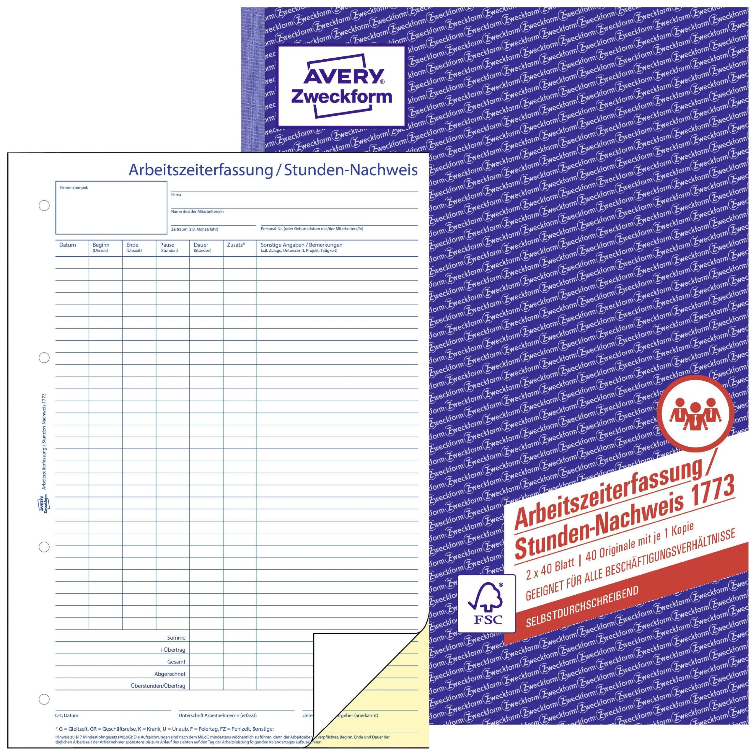 Formularz godzinowy Avery-Zweckform Arbeitszeiterfassung / Stunden-Nachweis 1773 1773, 1 szt. - obrazek 1