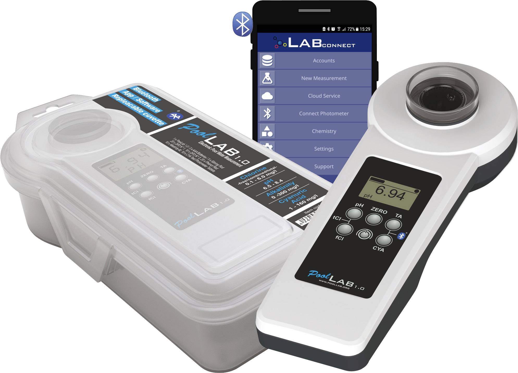 Water ID PoolLab 1.0 Photometer Fotometr chloru, zasadowość, wartość pH, aktywny tlen, kwas cyjanurowy, brom, dwutlenek - obrazek 1