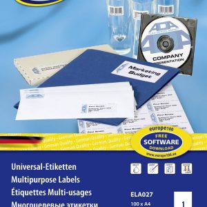 Europe 100 ELA027 Etykieta uniwersalna 210 x 297 mm Papier biały 100 szt. Trwały Drukarka atramentowa, Drukarka Laserowa Europe 100 ELA027 Etykieta uniwersalna 210 x 297 mm Papier biały 100 szt. Trwały Drukarka atramentowa, Drukarka Laserowa