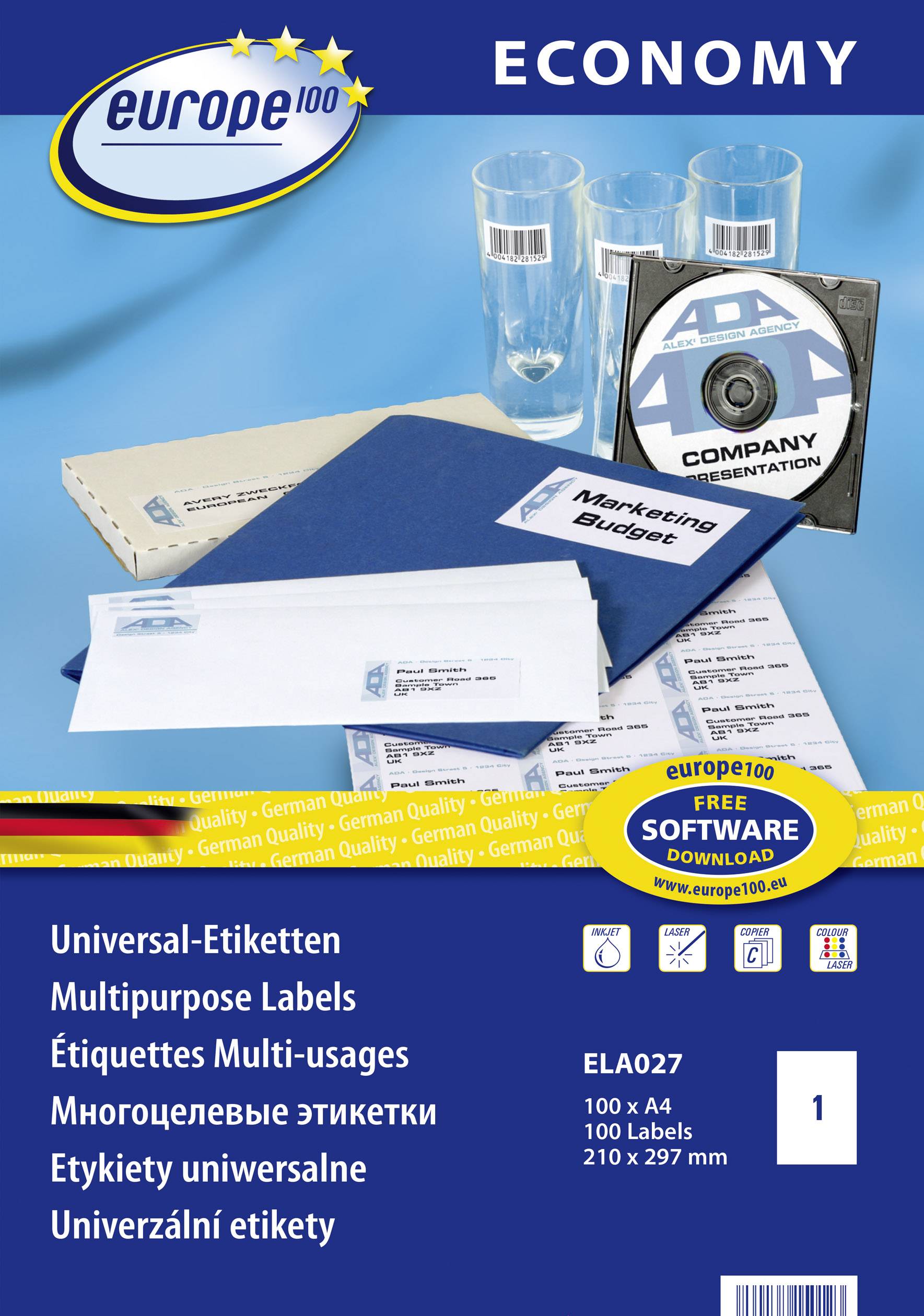 Europe 100 ELA027 Etykieta uniwersalna 210 x 297 mm Papier biały 100 szt. Trwały Drukarka atramentowa, Drukarka Laserowa - obrazek 1