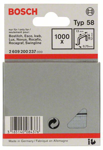 Zszywki z cienkiego drutu, typ 58, 13 x 0,75 x 12 mm, 1000 szt. Bosch Accessories 2609200237, N/A, Wymiary (D x S) 12 mm