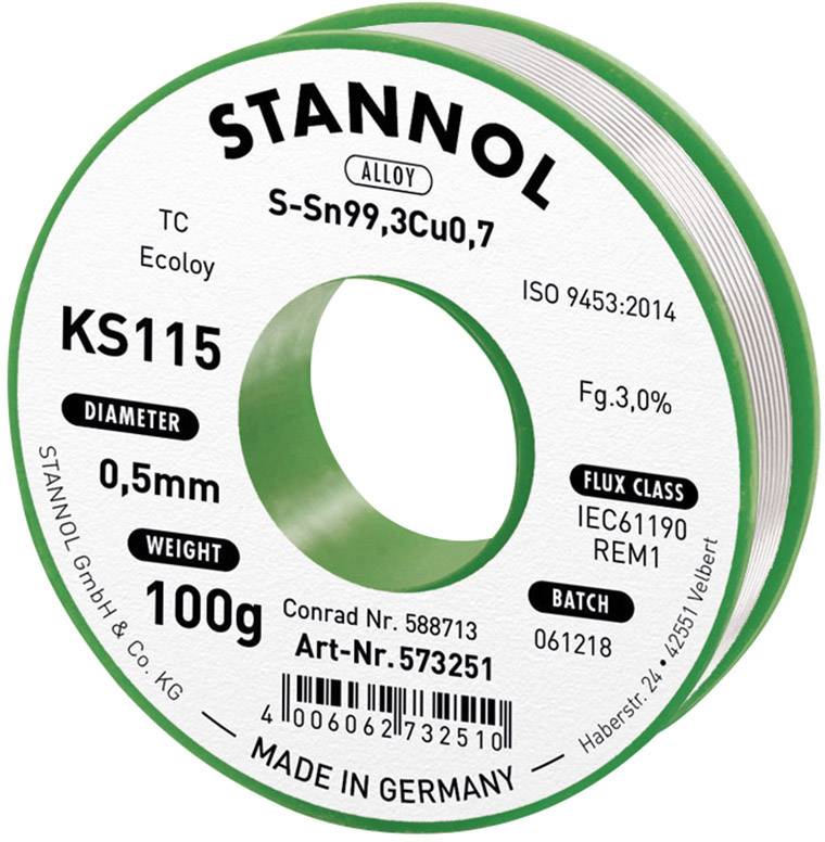 Cyna lutownicza bezołowiowa Stannol KS115 szpula Sn99,3Cu0,7 ROM1 100 g 0.5 mm - obrazek 1